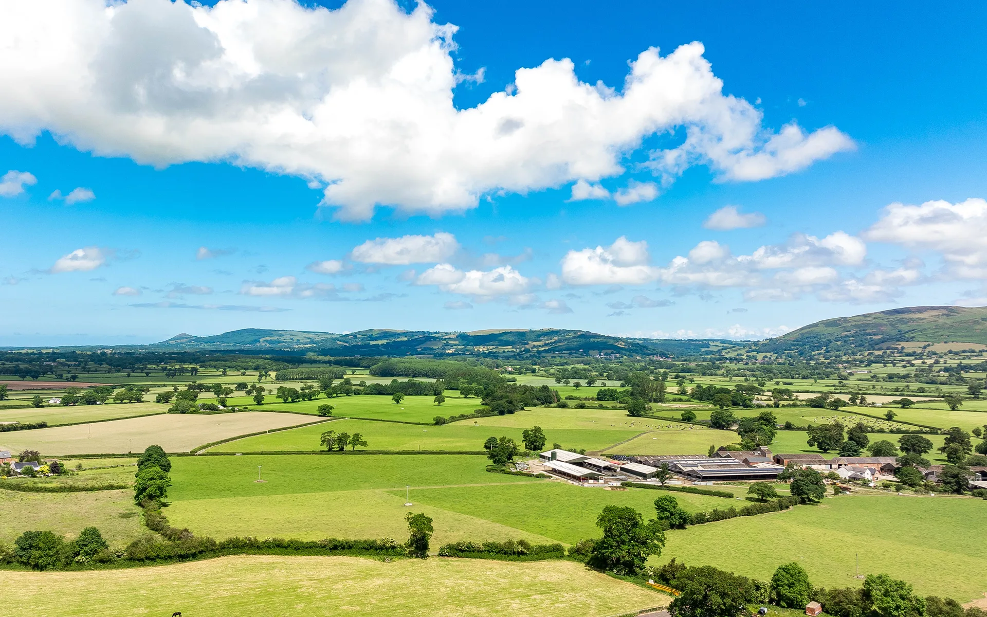 Aerial view of the unspoilt countryside surrounding Owl Lodges